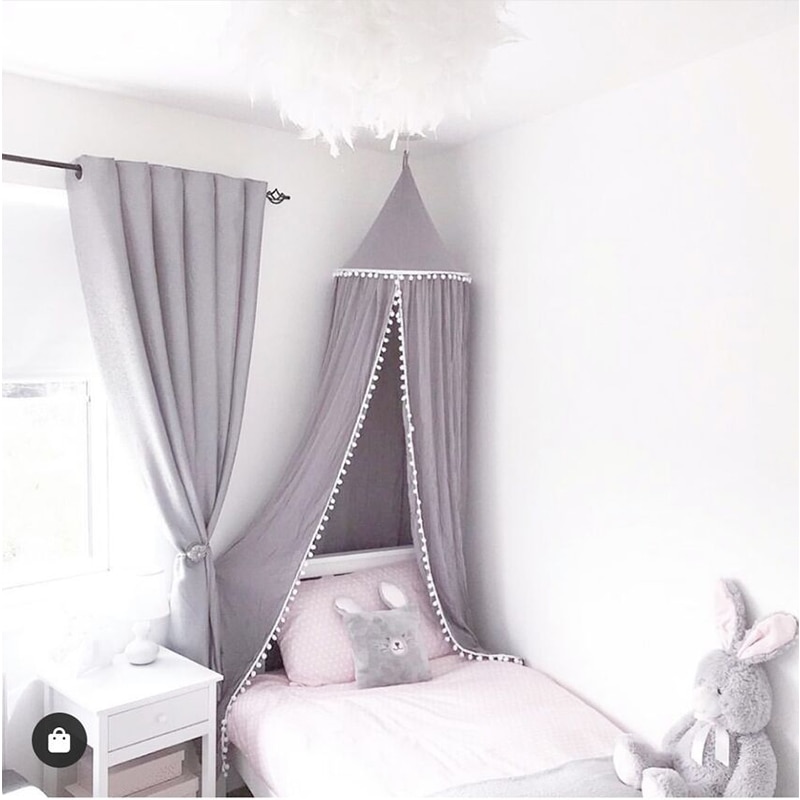 Baby Bed Canopy | Grey with Pompoms