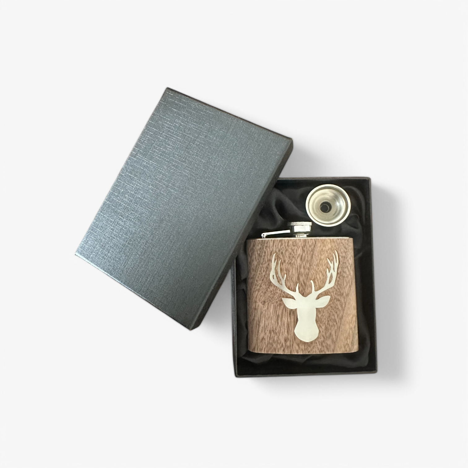 Flasque à Alcool Inox et Bois, Motif Cerf