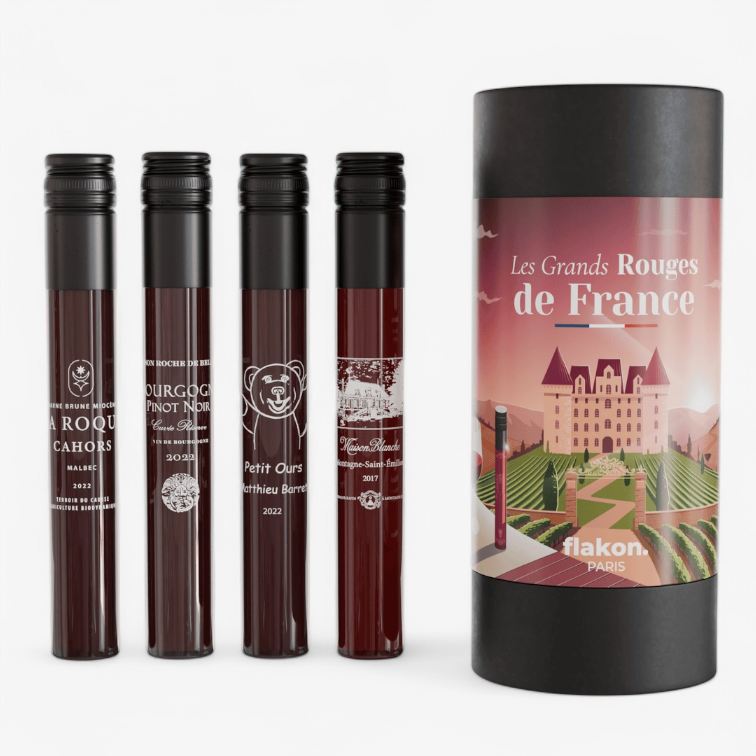 Coffret Dégustation – 4 Grands Vins Rouges Français en Tubes