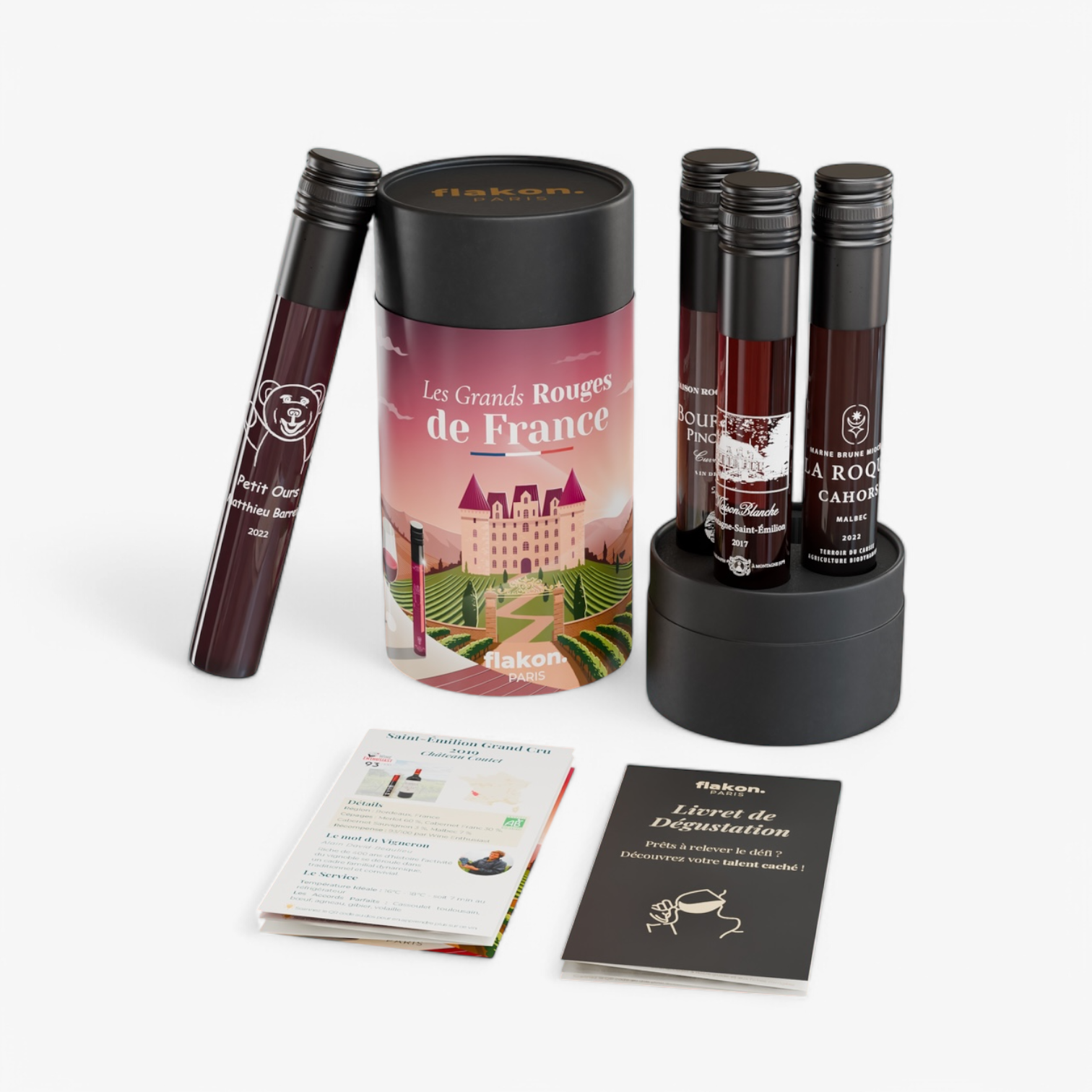 Coffret Dégustation – 4 Grands Vins Rouges Français en Tubes