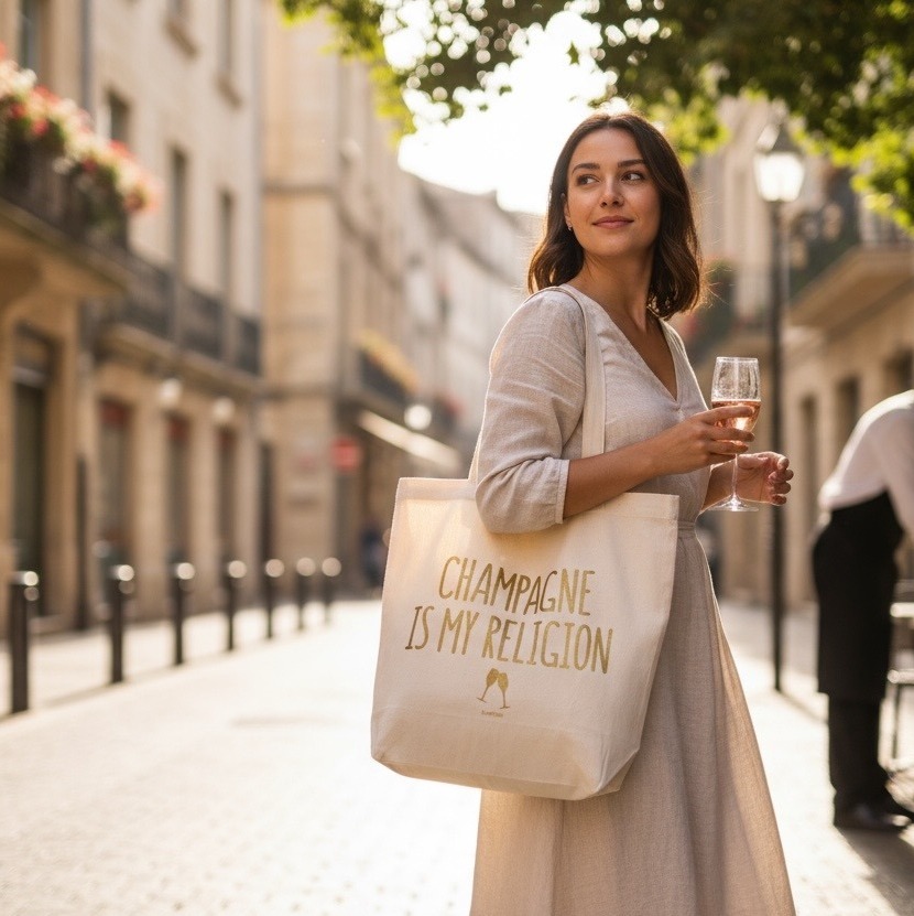 Jeune femme qui porte dans la rue le Tote Bag Coton “Champagne is my Religion”
