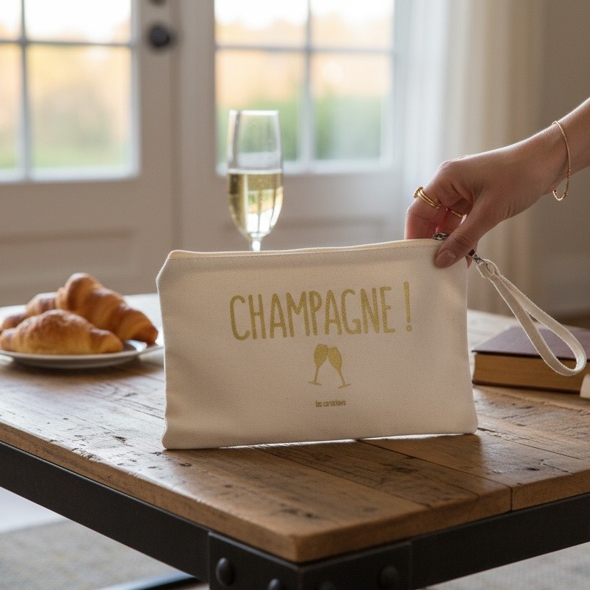 Pochette zippée tissu avec Dragonne, inscription "Champagne"