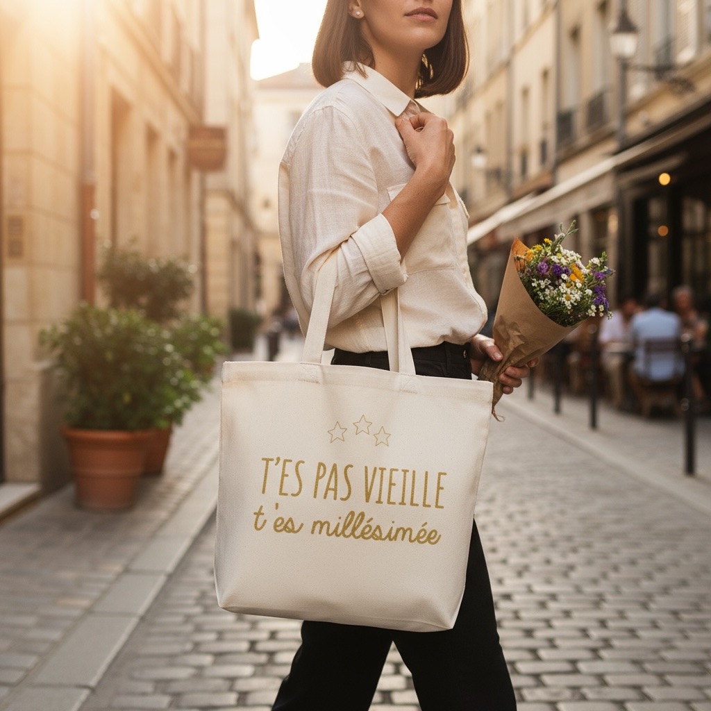 Jeune femme dans la rue tenant le Tote Bag, "TES PAS VIEILLE tes millésimée"