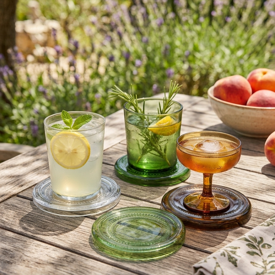 Dessous de verre posés sur une table en bois dehors dans un jardin avec des verres dessus