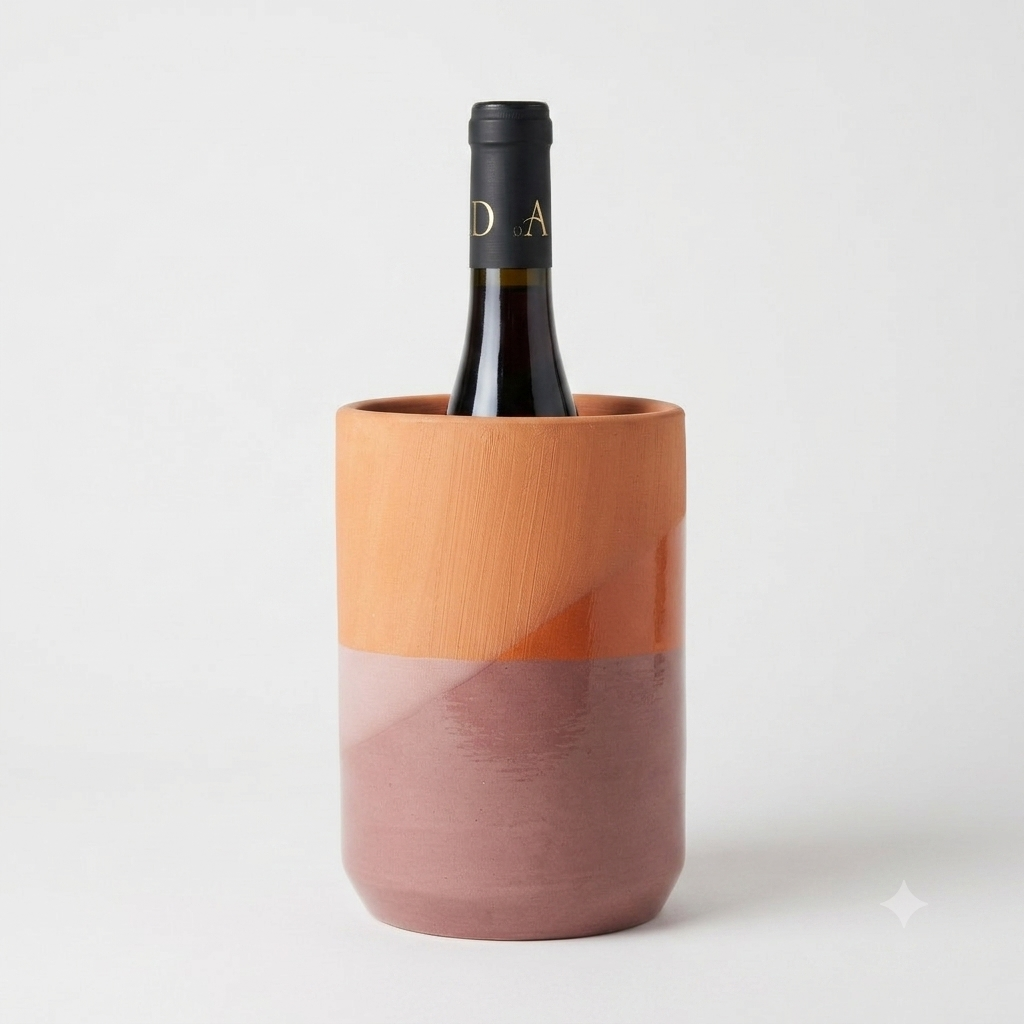 Rafraîchisseur bouteille vieux rose présenté avec une bouteille de vin