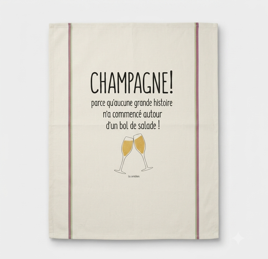 Torchon coton écru inscription champagne humour