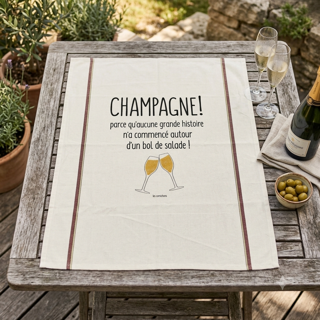torchon écru insription champagne posé sur une table de jardin en terrasse