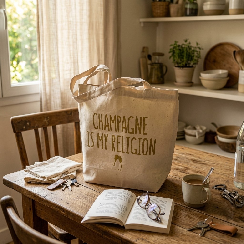 Tote bag en coton écru  avec inscription champagne posé sur table dans une maison