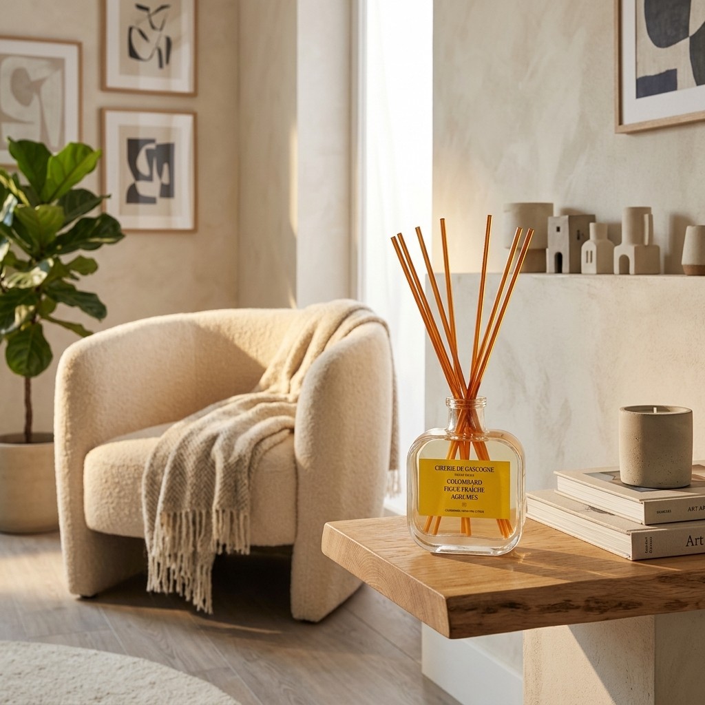 Diffuseur bâtonnets colombard figue et agrumes sur une table dans maison cosy et moderne