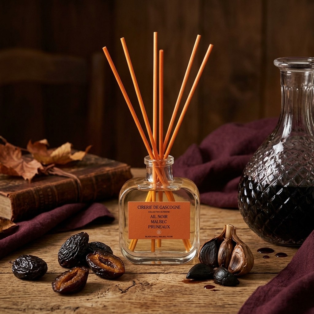 Diffuseur parfum avec bâtonnets rotin naturel malbec ail noir pruneaux ambiance