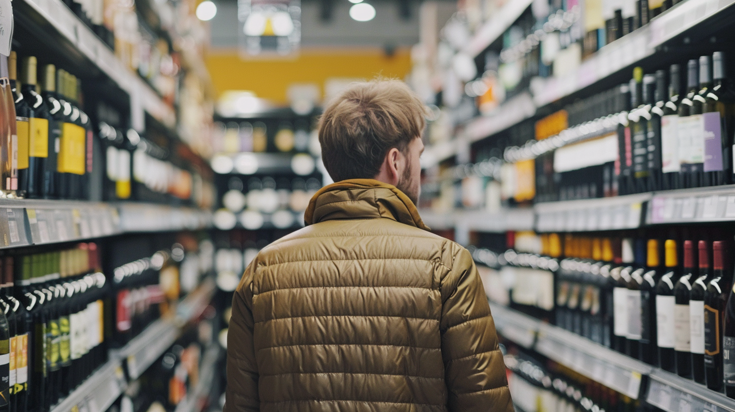 personne hesitant devant un rayon vin pour choisir une bouteille adaptee au repas