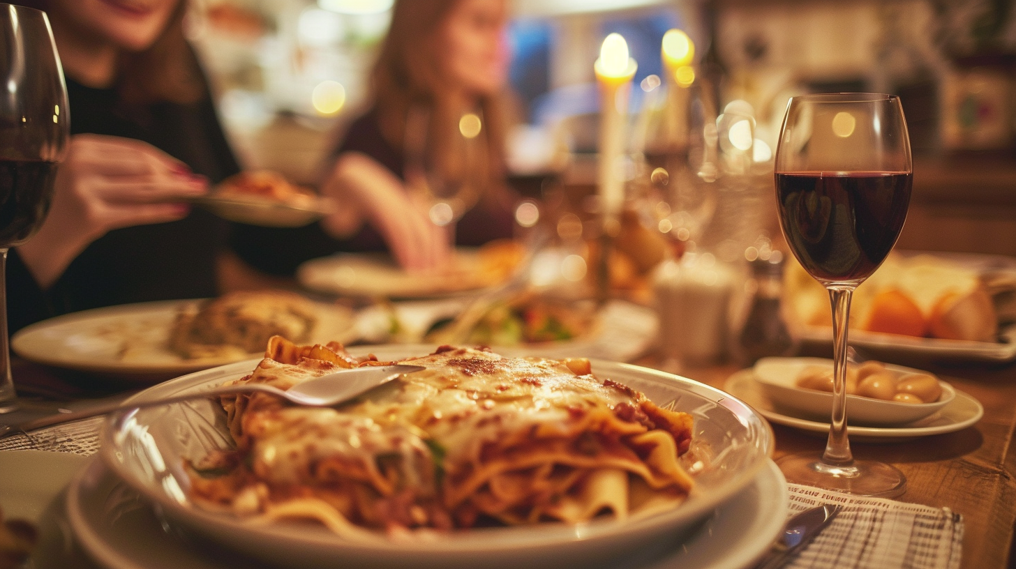repas convivial entre amis autour de lasagnes maison et d un verre de vin