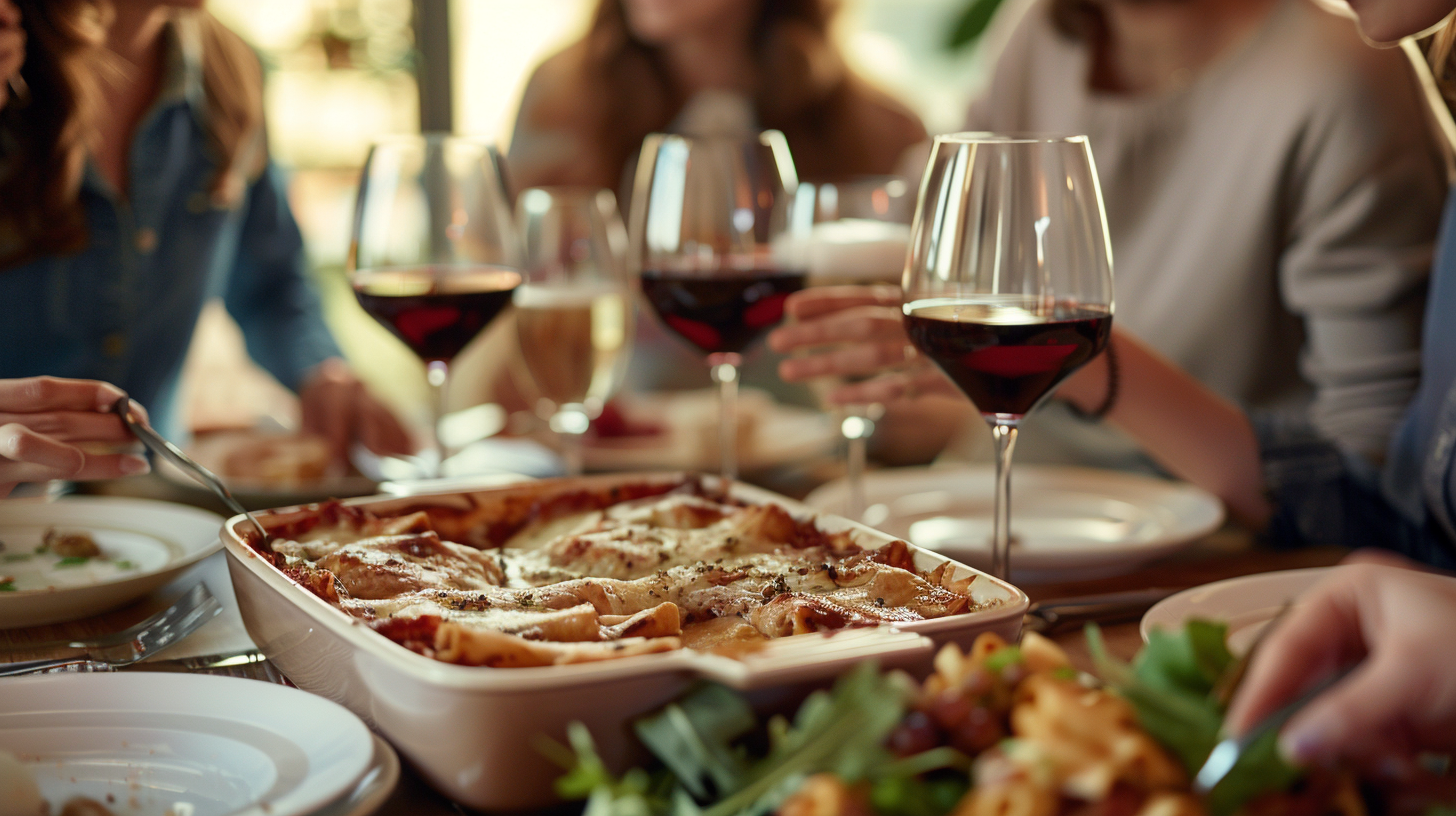 lasagne bolognaise et verres de vin rouge