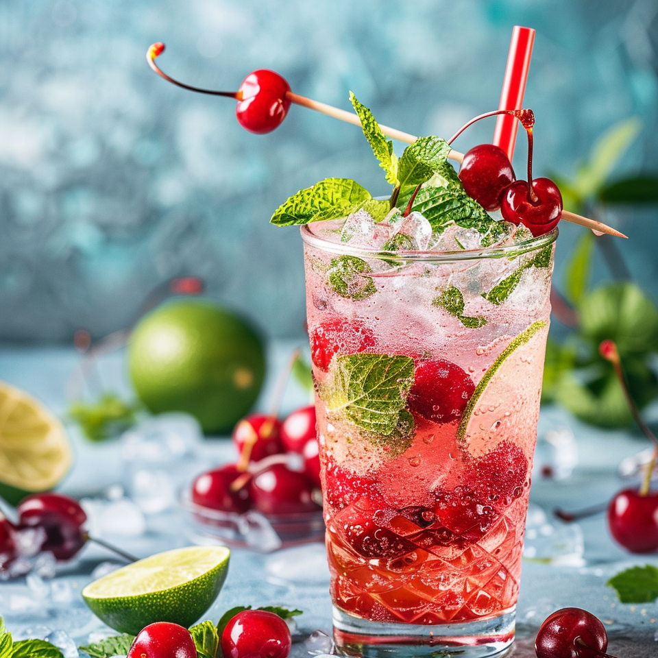 verre cocktail mojito cerise avec brochette cerise et paille rouge