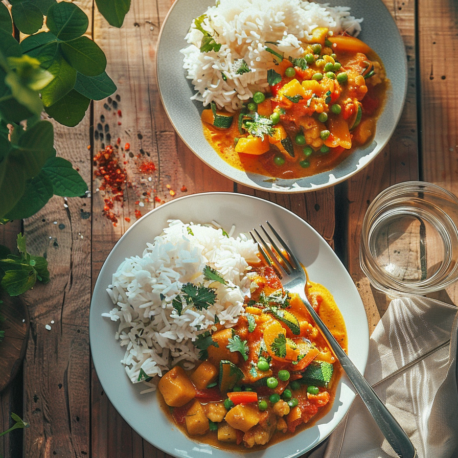 curry de legumes au lait de coco servi avec du riz