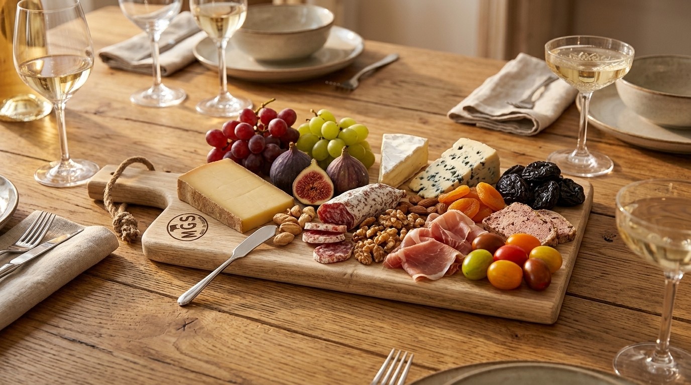 planche apero bois avec des pieces aperitives et posee sur une table en bois table avec couvert