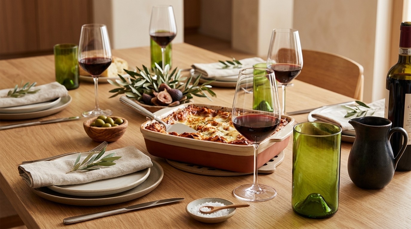 table moderne dressee pour un repas de lasagnes