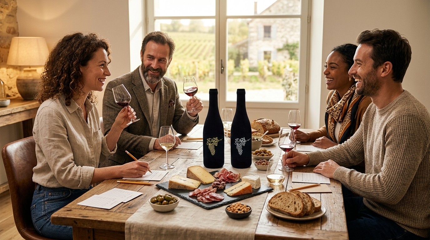 seance de degustation de vin a l aveugle autour d une table entre amis