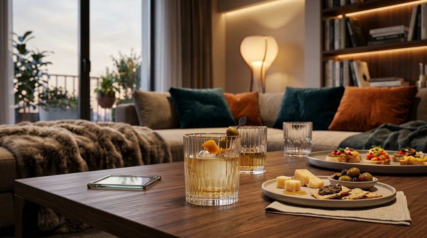table d aperitif conviviale avec verres duralex et bouchees aperitives