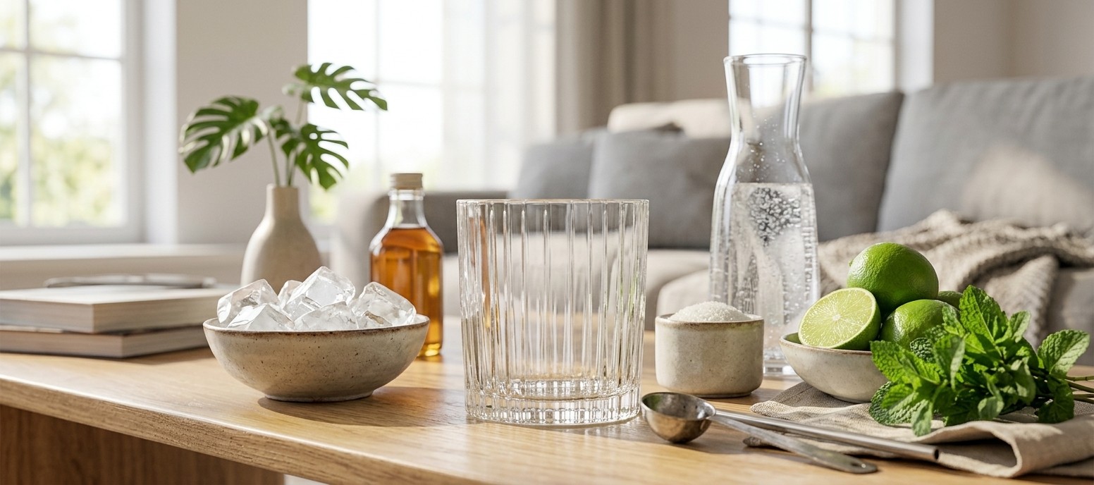 verre manhatan duralex avec les ingredients pour un vegan mojito