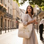 Jeune femme qui porte dans la rue le Tote Bag Coton “Champagne is my Religion”