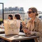 Jeune femme stylée avec le Tote Bag Coton “Champagne is my Religion” posé sur la table