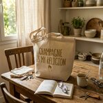 Tote bag en coton écru  avec inscription champagne posé sur table dans une maison