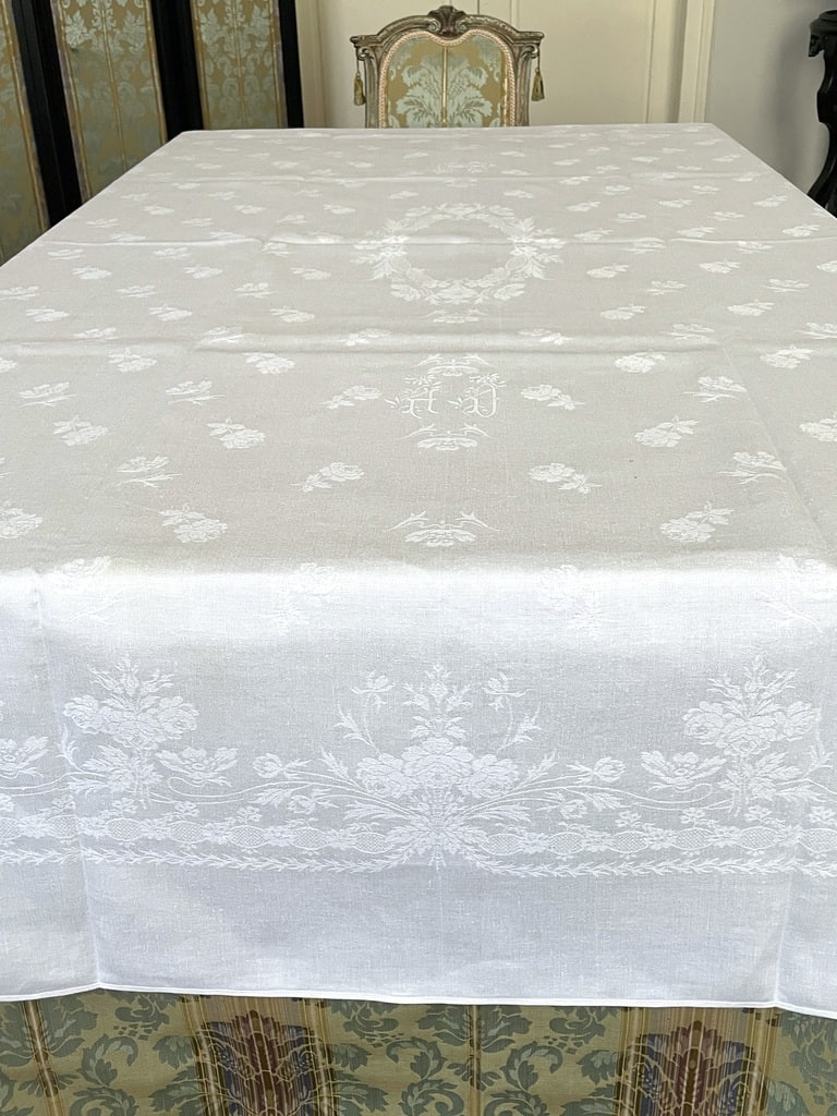 linge-ancien-nappe-serviette-de-table-lin-damasse-xixeme-monogramme-antiquite