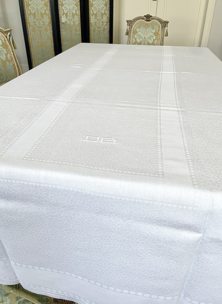 Nappe en Lin Granité d\'époque Art Déco - Chiffrée 0B - Linge ancien