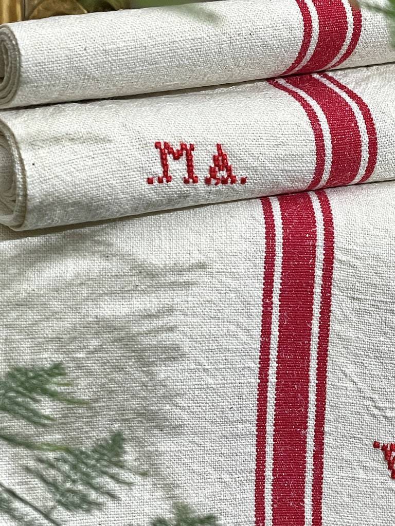 torchons-anciens-metis-linge-de-cuisine-vintage-1950-antiquite-liteaux-rouges
