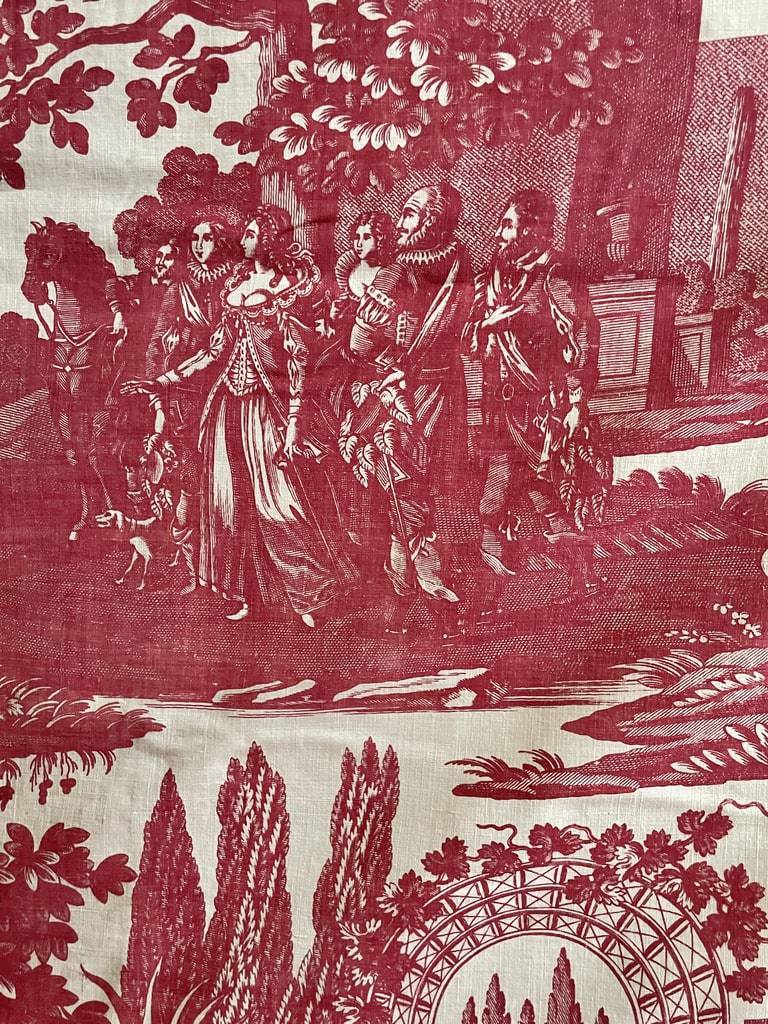 toile-de-nantes-impression-plaque-cuivre-coton-rouge-henri-iv-debut-19ème-personnages-indienne-linge-ancien