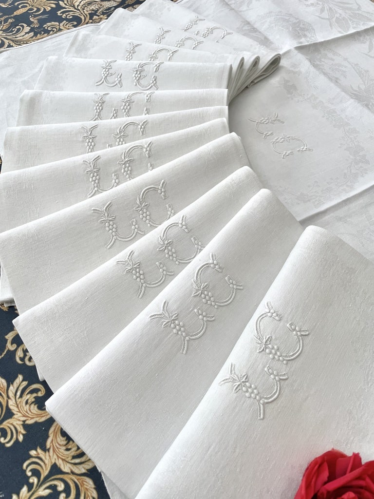 linge-ancien-serviettes-de-table-lin-damassé-monogramme-lc-xixeme-antiquite-brocante-shabby-chic