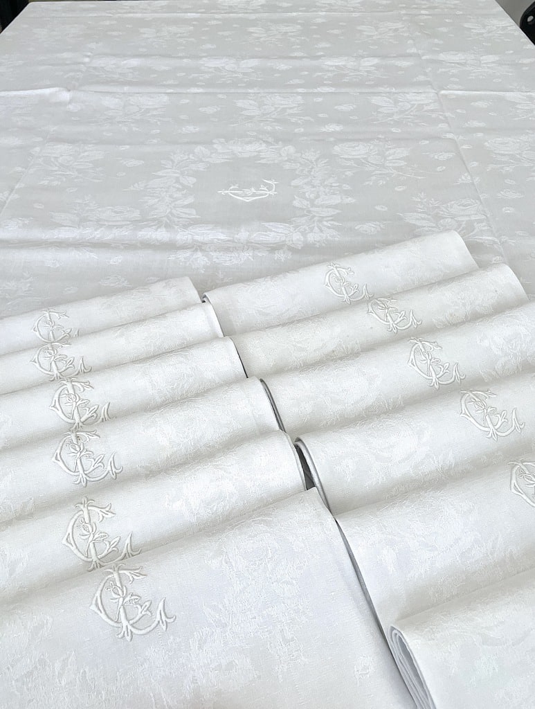 linge-ancien-nappe-servicettes-lin-service-de-table-monogramme-lc-antiquite-brocante-diners-de-fetes-ceremonie-banquet