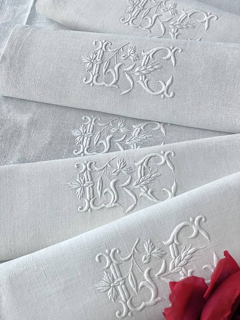 linge-ancien-serviettes-de-table-en-lin-damasse-monogramme-lc-brode-main-broderie-blanche-antiquite-brocante