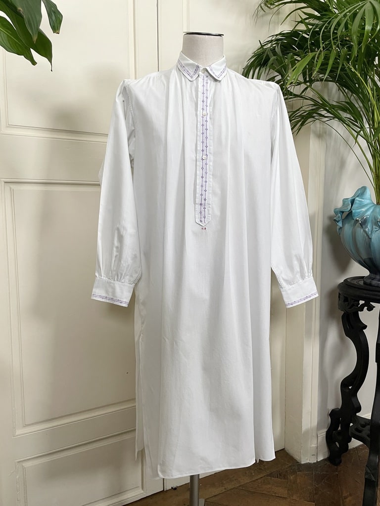 liquette-chemise-de-nuit-ancienne-homme-coton-broderie-parme-grand-pere-antiquite-linge-ancien
