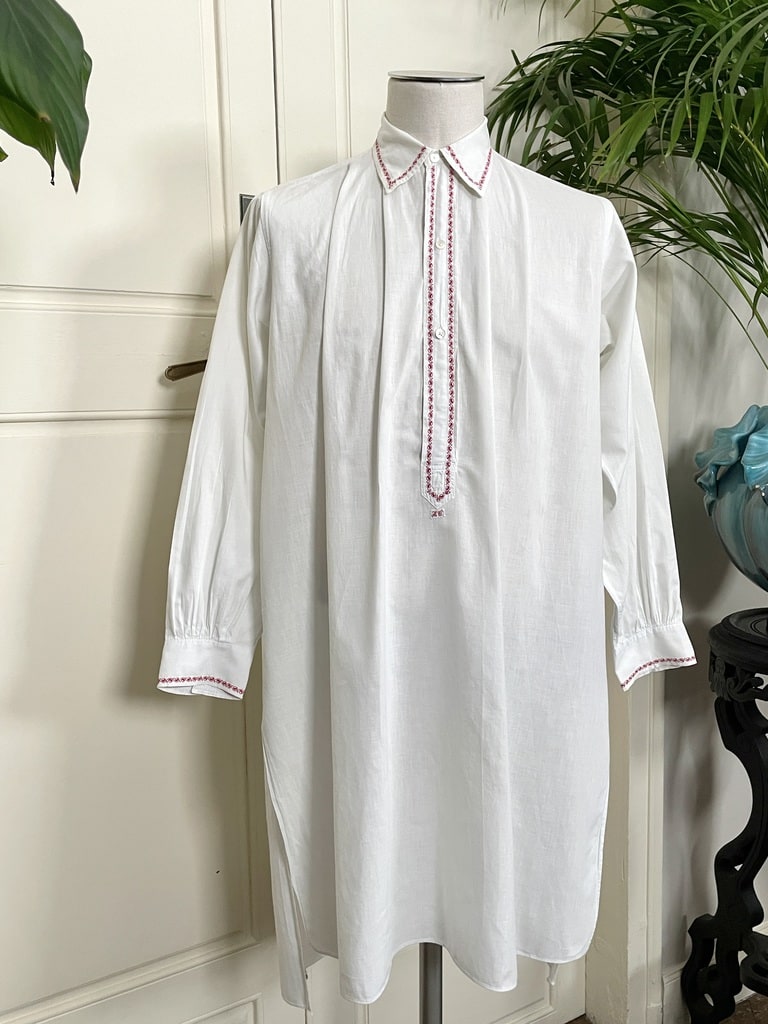 chemise de nuit ancienne homme liquette coton percale rouge et blanc