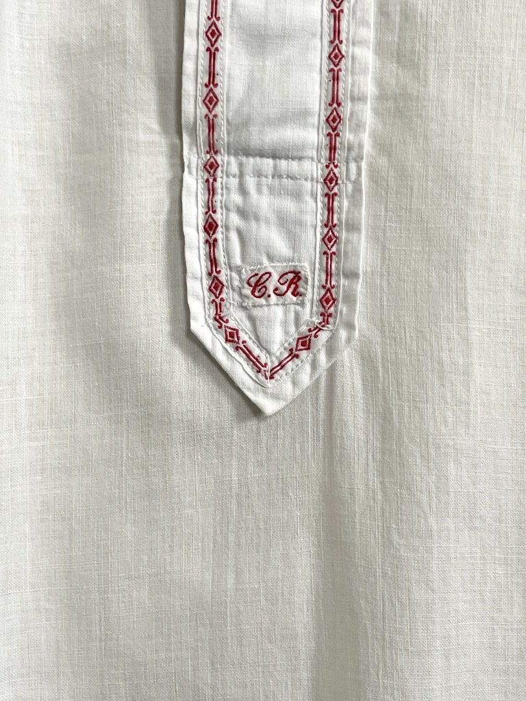 Chemise De Nuit Ancienne En Coton Blanc - Broderies Et Monogramme SG