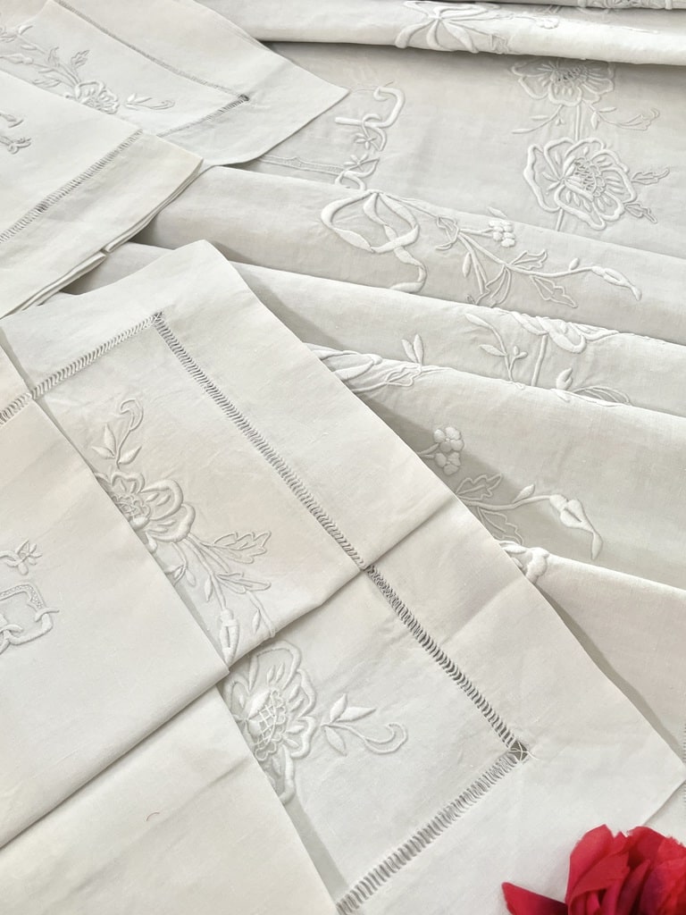 linge-ancien-drap-parure-de-lit-lin-brode-main-broderie-blanche-jours-venise-monogramme-antiquite-brocante-literie