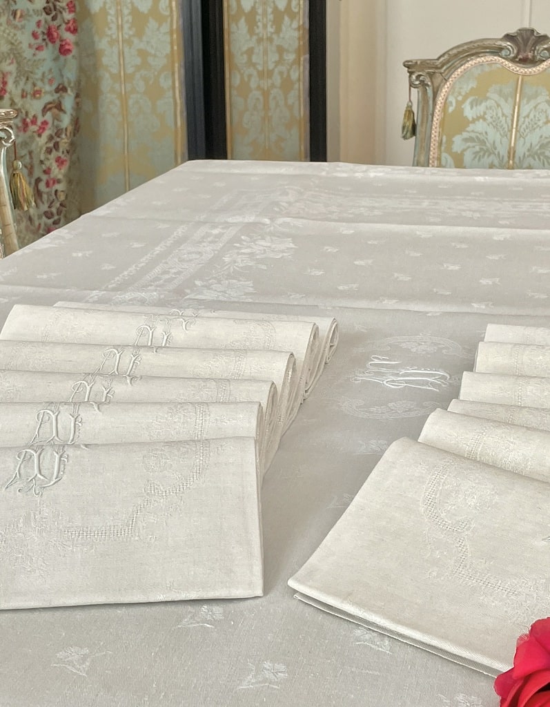 service-de-table-lin-damasse-linge-ancien-monogramme-initiales-diner-linge-de-maison-antiquite-brocante