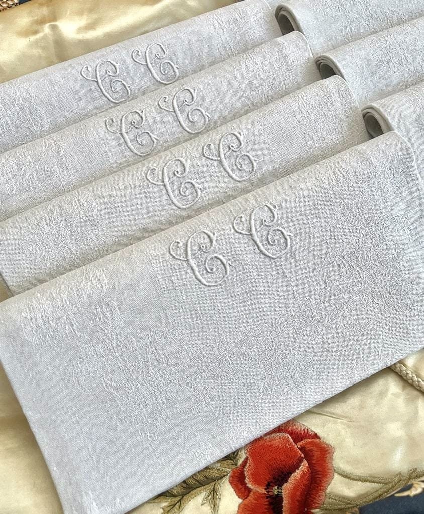 Lot De 6 Grandes Serviettes Coton Brodées Monogramme CC/CG/GG - Linge De Table Vintage