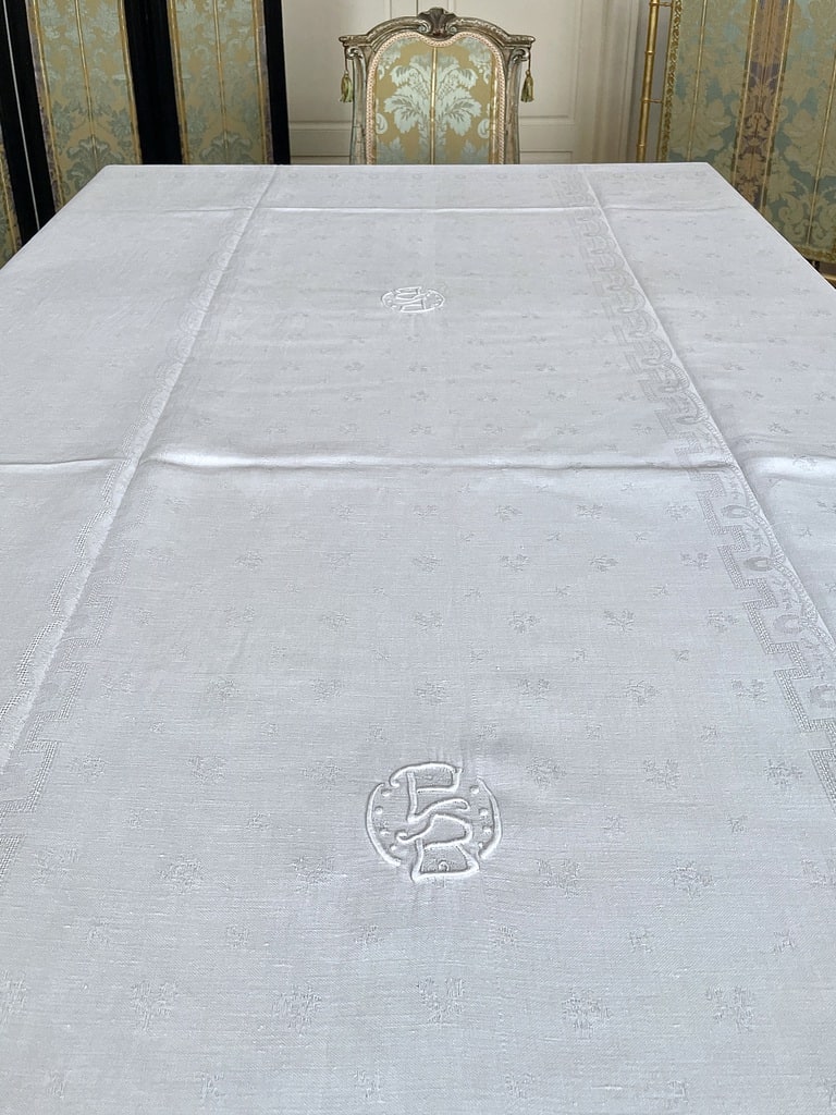 linge-ancien-nappe-en-lin-decor-damasse-19eme-trousseau-de-mariage-diner-repas-fetes-antiquite-brocante