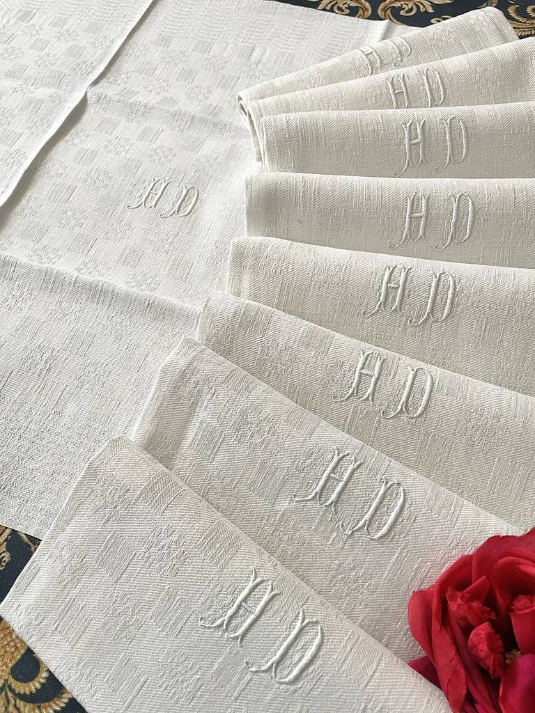 linge ancien serviettes de table en lin broderie blanche monogramme h d trousseau repas fetes diner antiquite brocante shabby chic