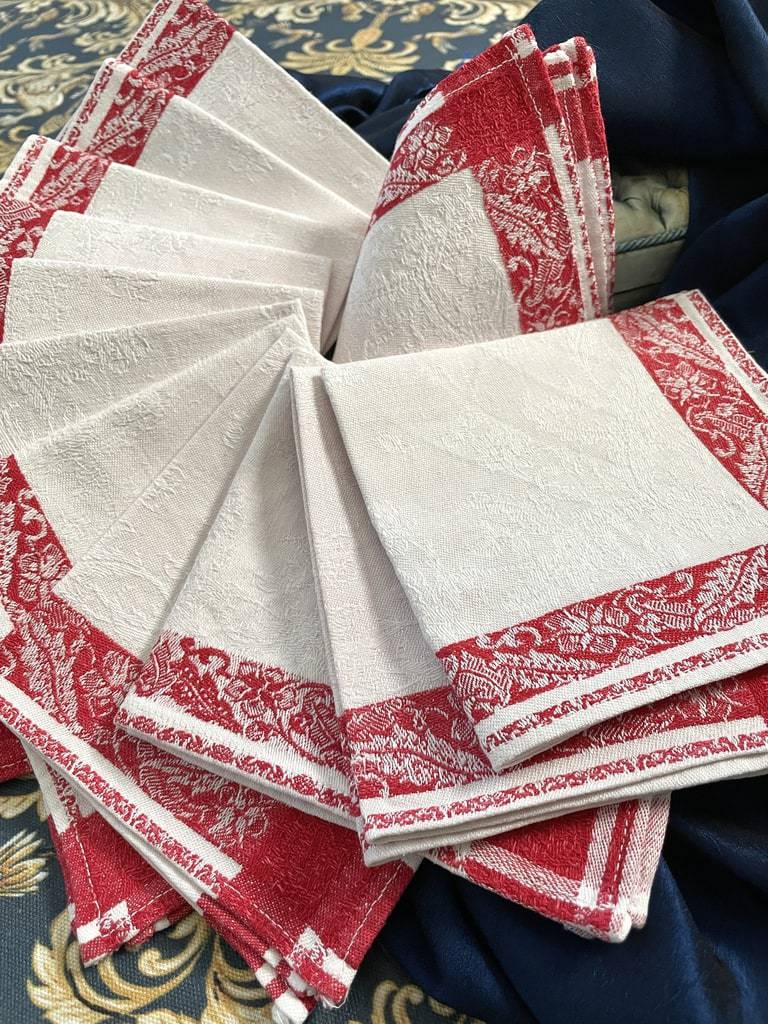 linge-de-table-ancien-serivettes-liteaux-rouge-lin-damasse-napoleon-empire-rouge-blanc-antiquite-brocante