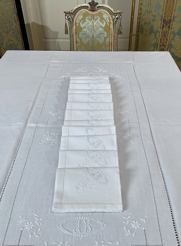 Service De Table 13 Pièces Blanc Initiales L.L – Nappe + 12 Serviettes En Coton