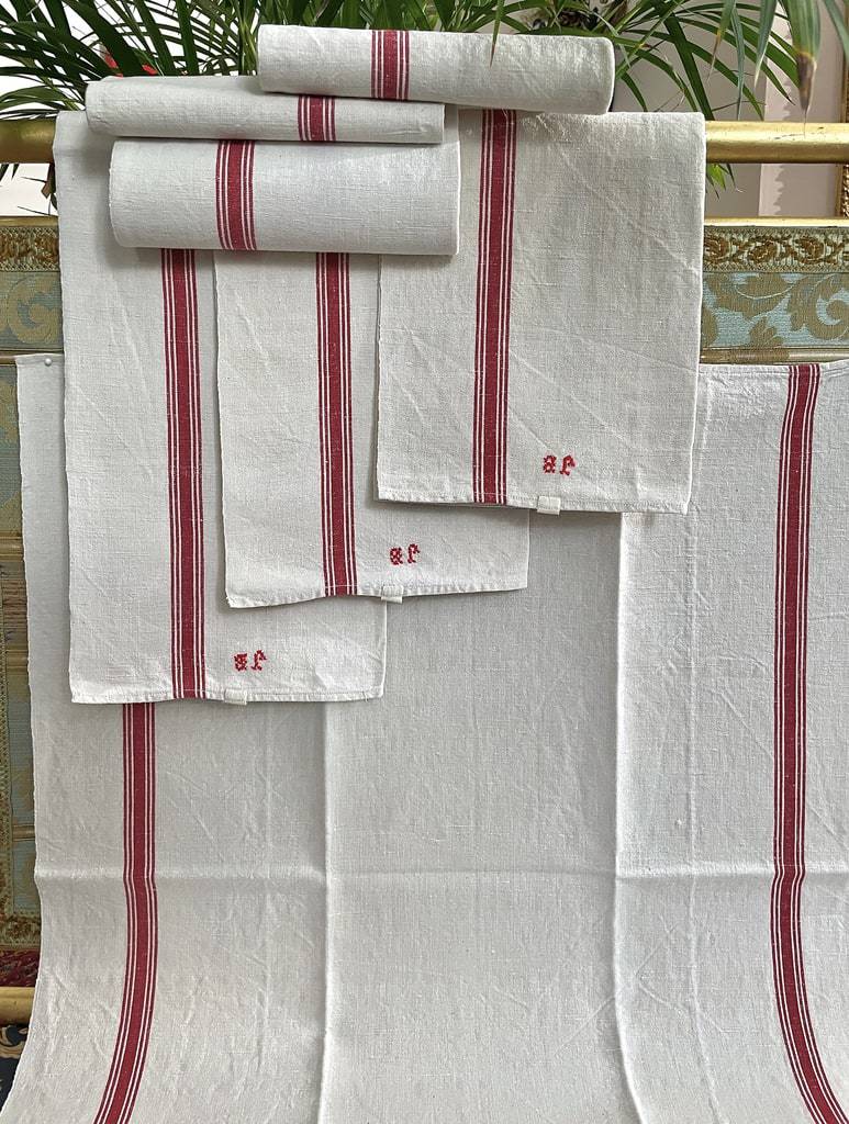 linge-ancien-office-torchons-essuies-mains-lavette-lin-metis-coton-initiales-broderie-rouge-monogramme-antiquite-brocante-vintage-19eme-20eme