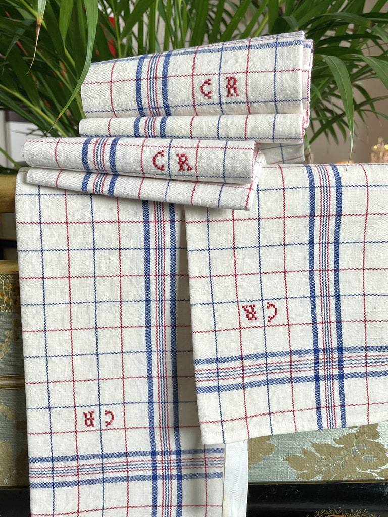 torchons-anciens-lin-carreaux-bleu-rouge-monogramme-office-cuisine-essuie-main-linge-ancien-vintage-antiquite-brocante-