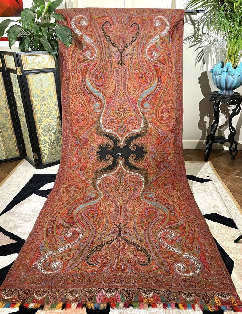 chale-long-cachemire-ancien-indien-arlequine-tissage-lance-decoupe-laine-linge-ancien-mode-ancienne-antiquite-brocante