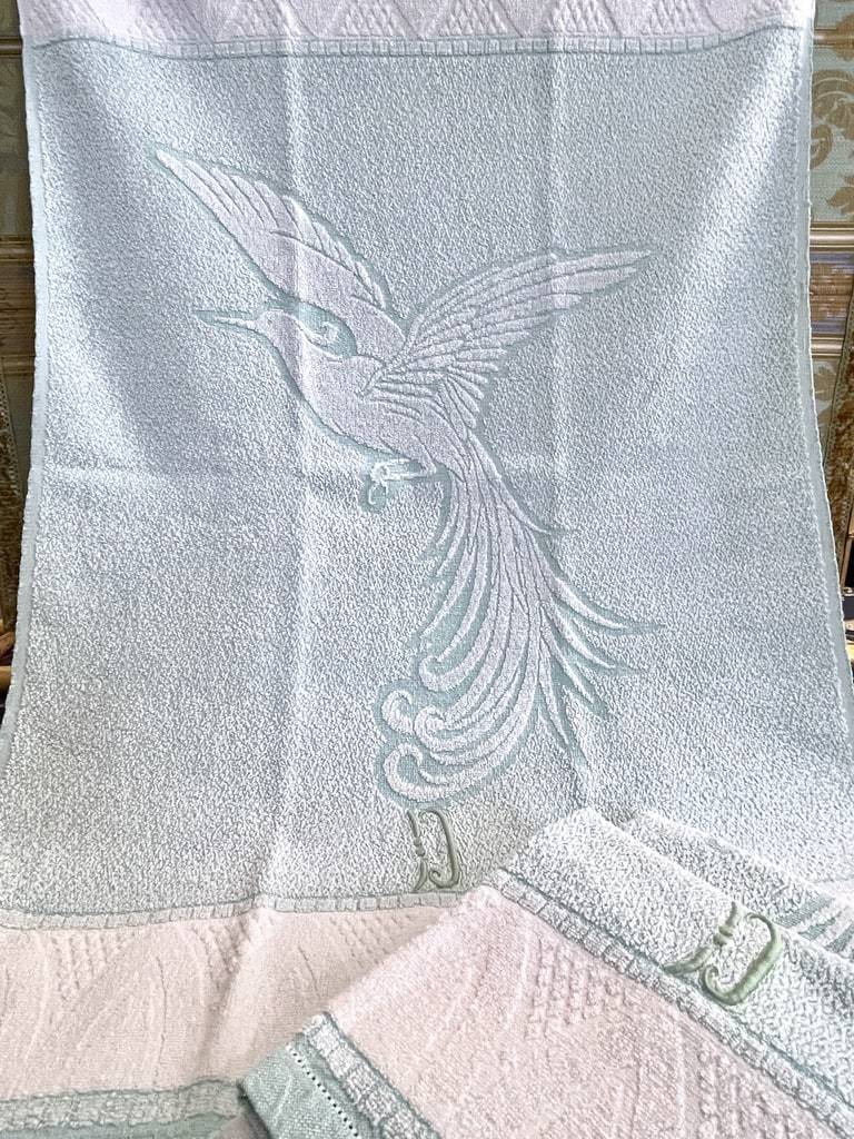 linge-ancien-de-toilette-bain-visage-essuie-main-coton-eponge-blanc-bleu-monogramme-antiquite-brocante
