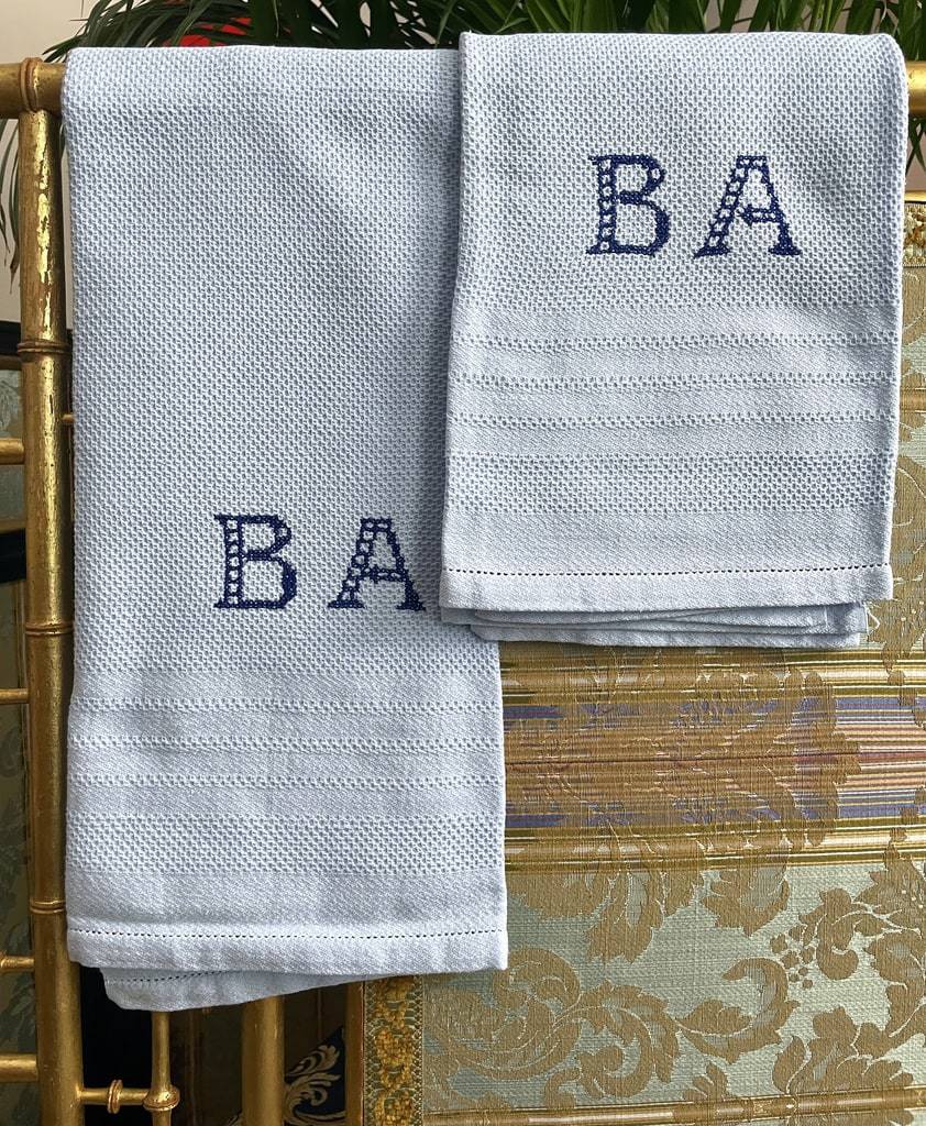 linge-ancien-serviettes-de-toilette-nid-d-abeille-monogramme-initiales-b-a-bleu-layette-vintage-1950-1960-brocante