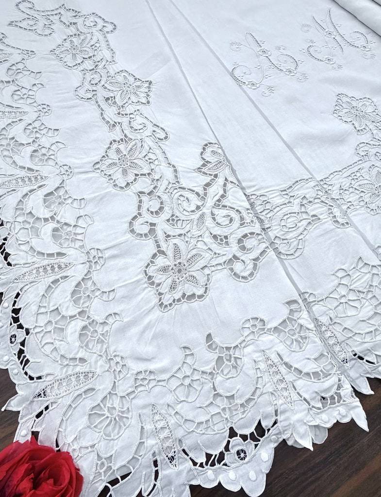 Grand drap ancien en pur fil de lin fin avec monogramme a m